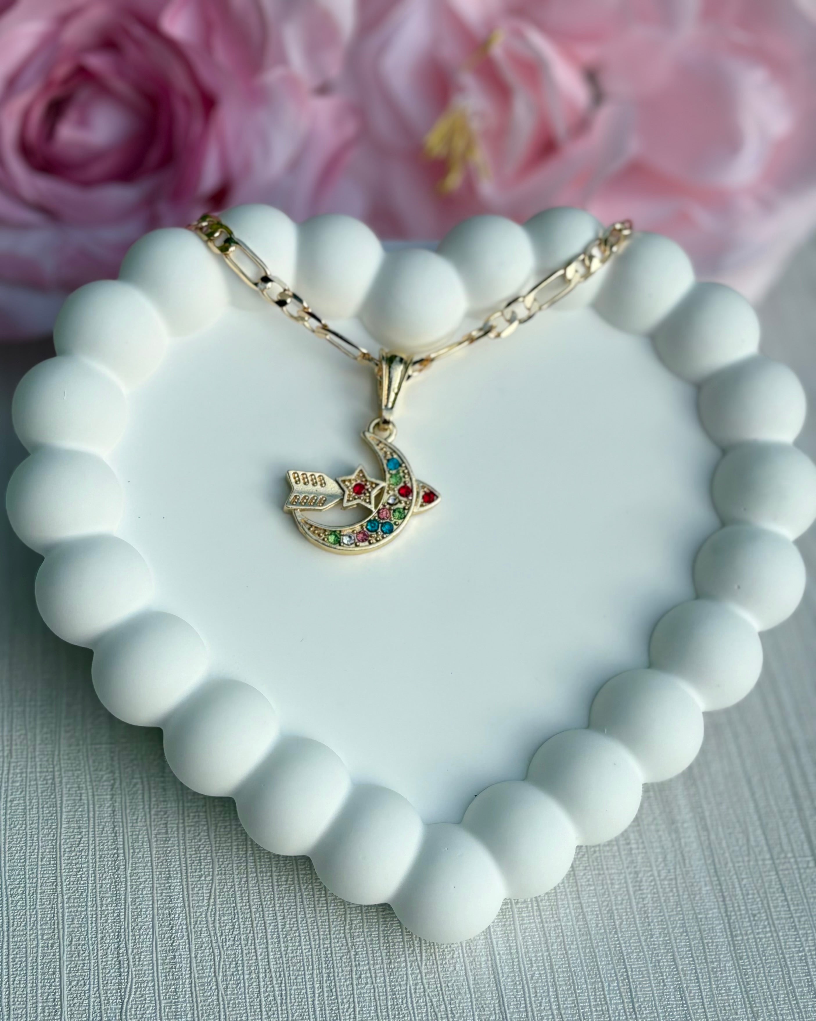 Gold plated rainbow moon necklace with colorful sparkly stones on a Figaro chain, hypoallergenic and water resistant jewelry