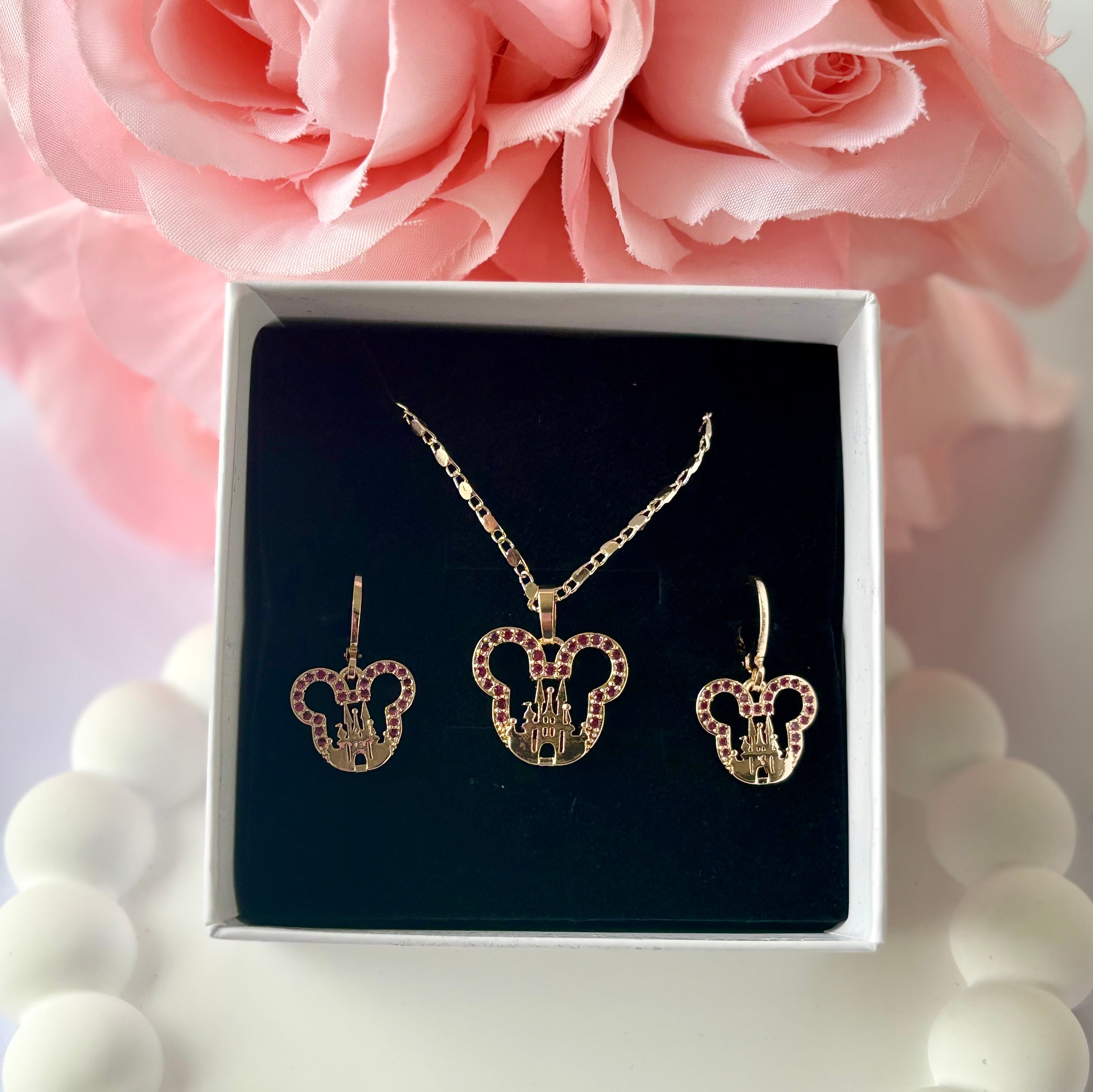 Princess jewelry set with castle pendant necklace and earrings