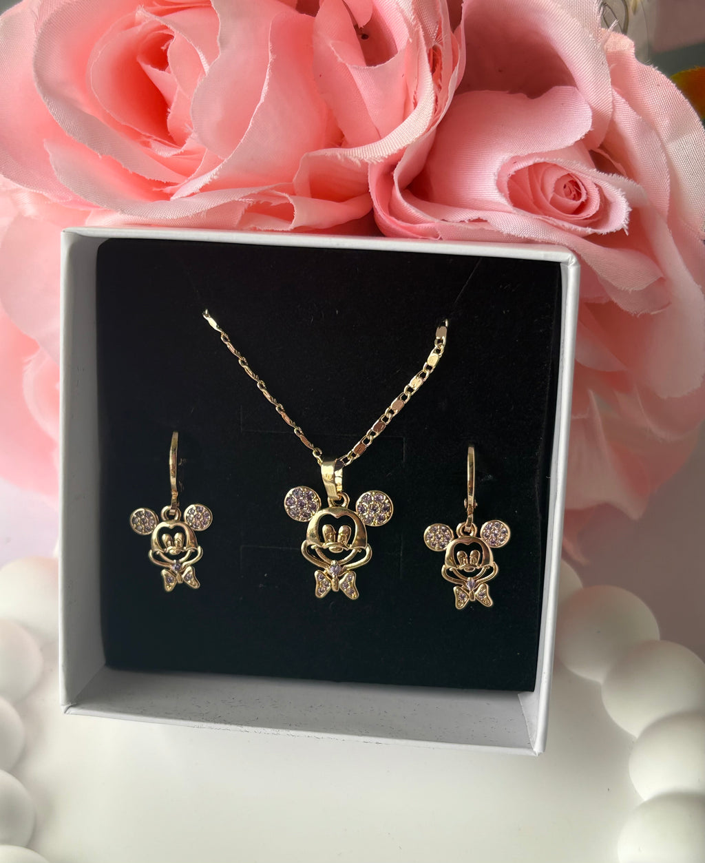 Violet Enchanted Mouse jewelry set with 19 inch gold-plated necklace and earrings