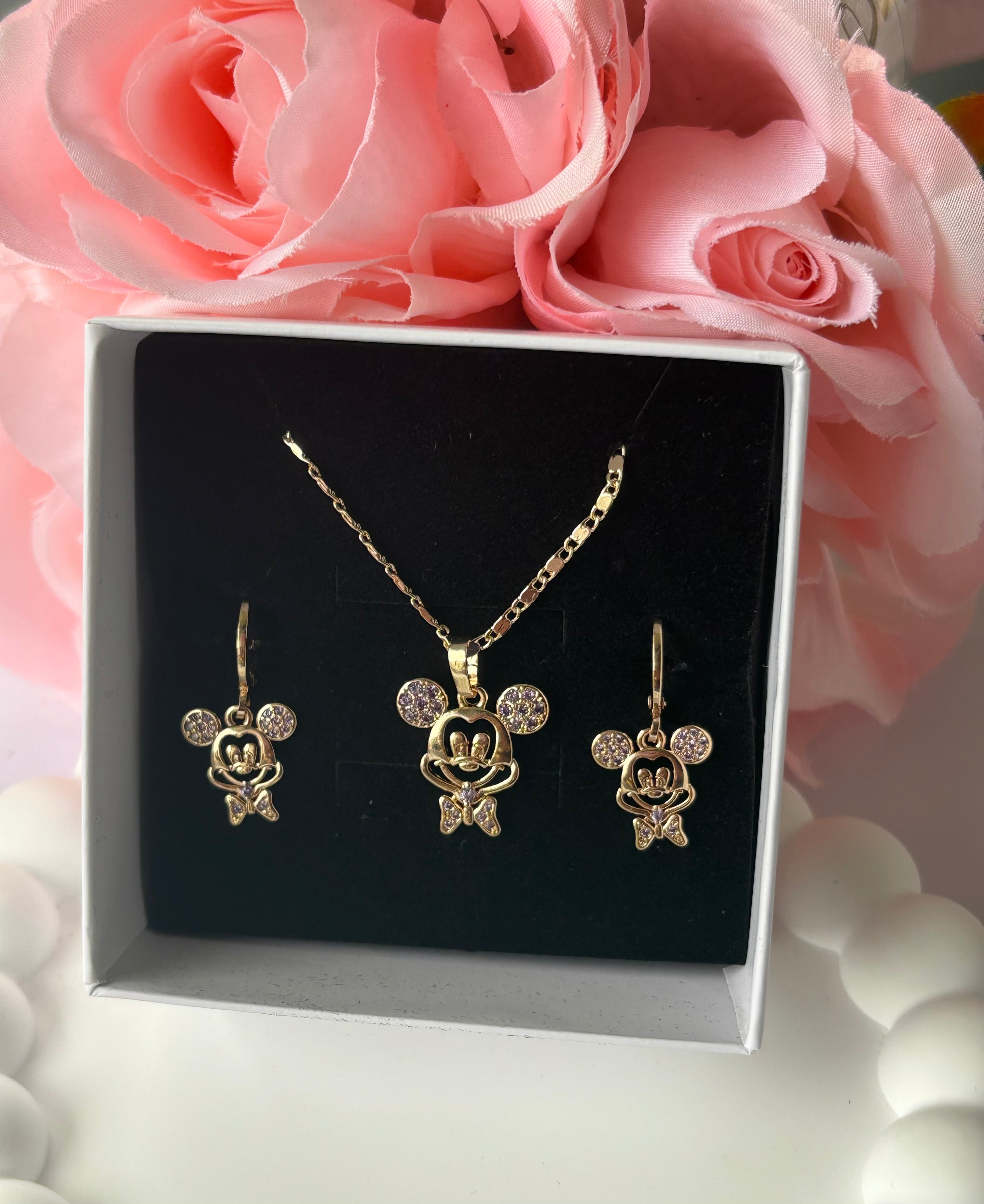 Violet Enchanted Mouse jewelry set with 19 inch gold-plated necklace and earrings