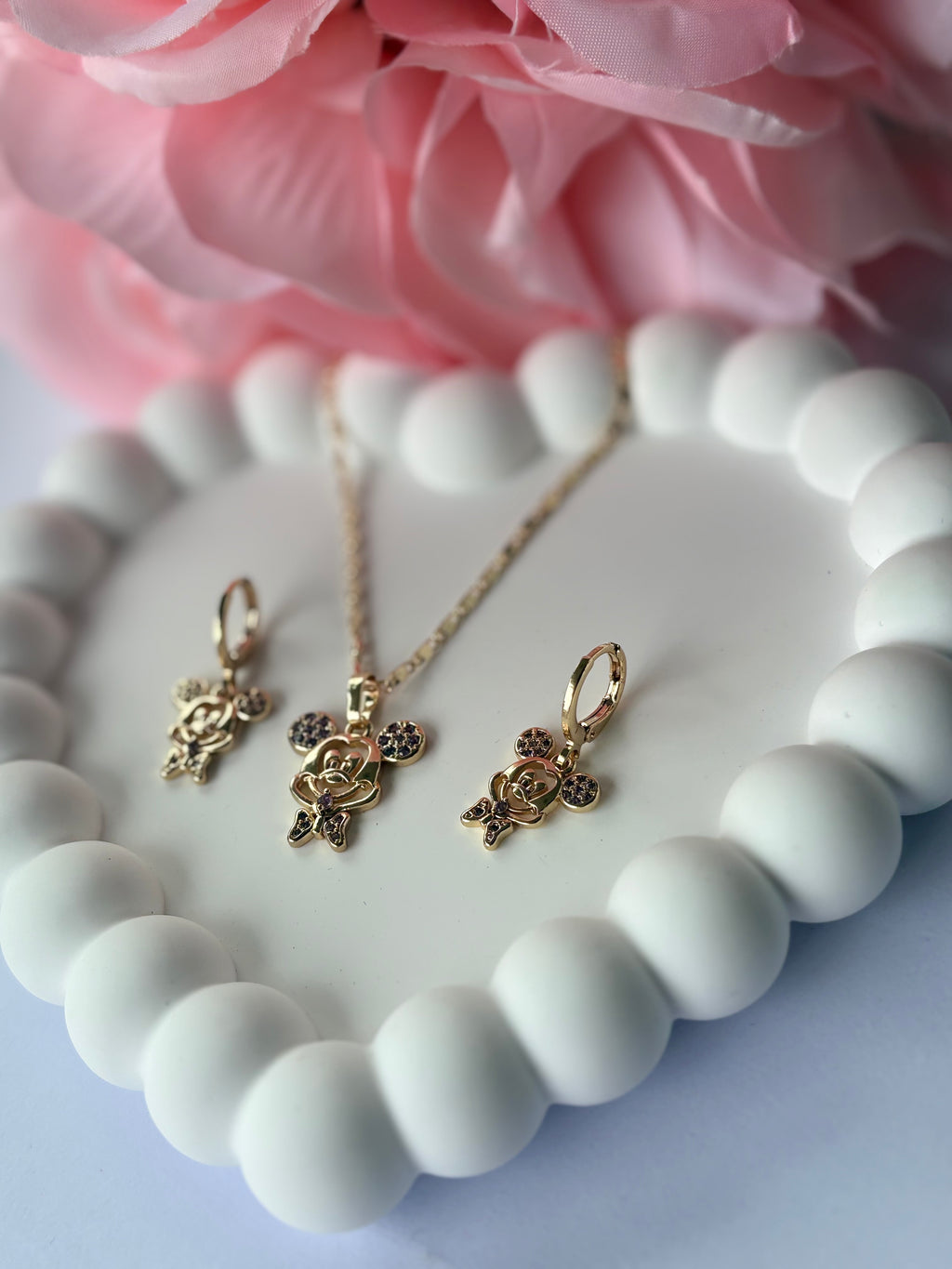 Kids necklace and earrings set with violet crystal mouse design
