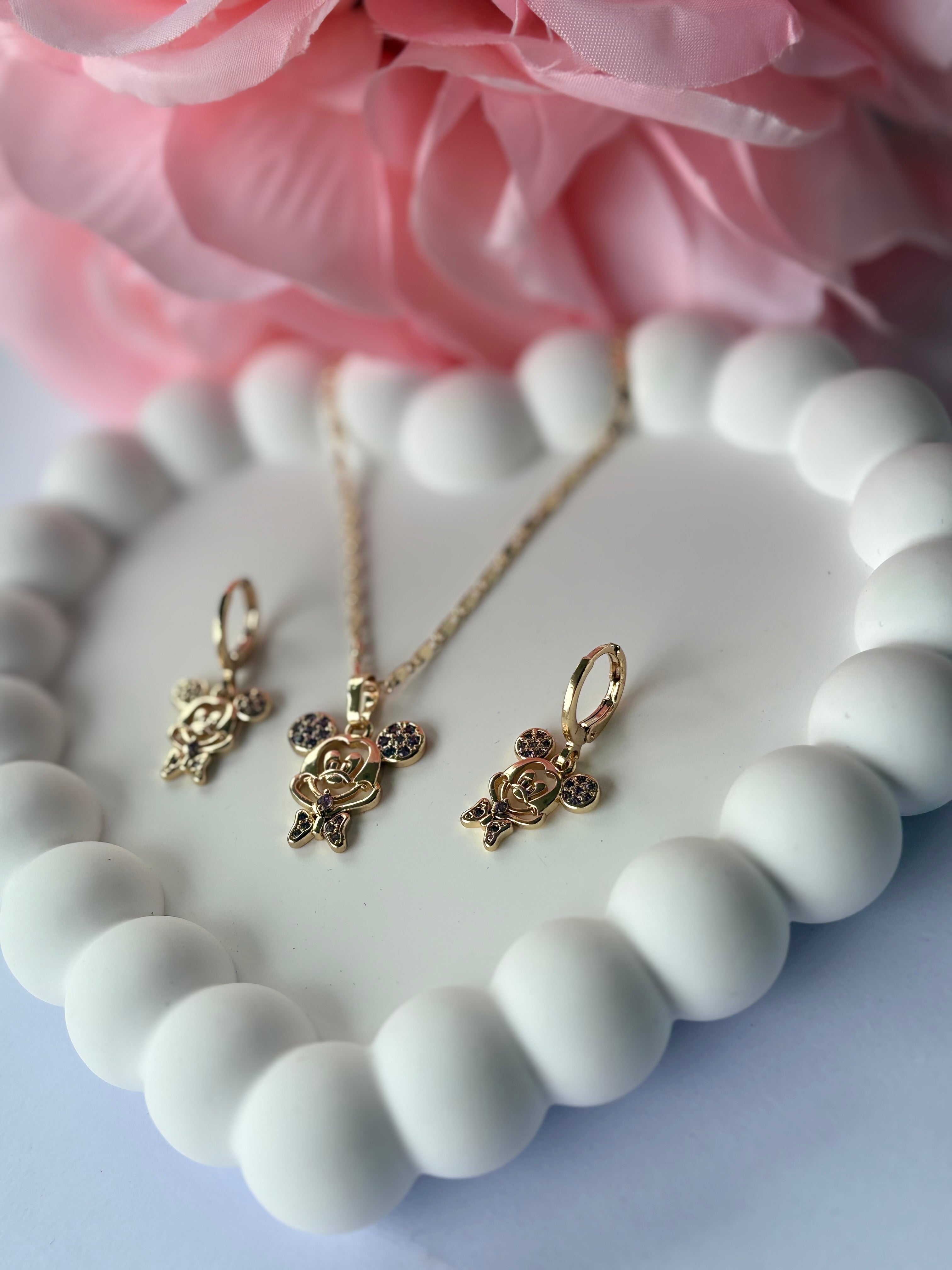 Kids necklace and earrings set with violet crystal mouse design