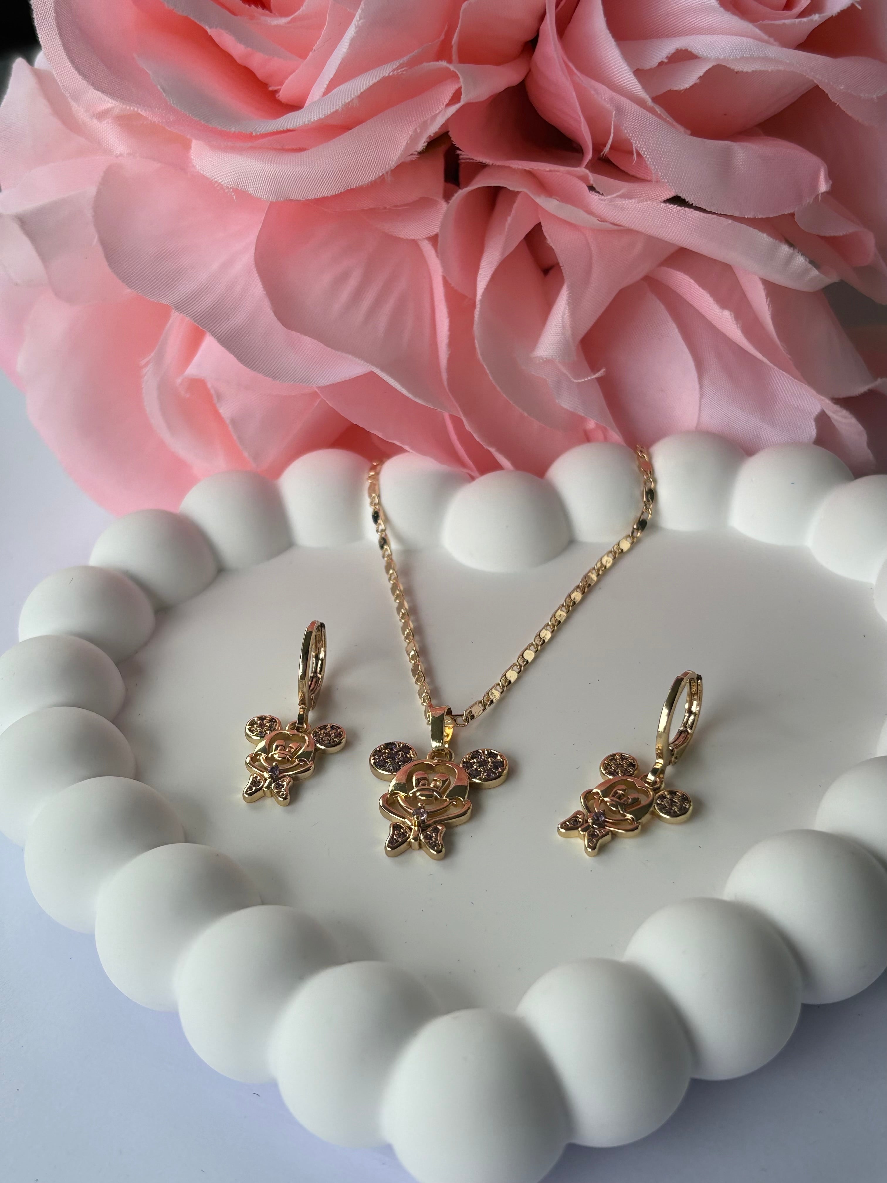 Mouse pendant necklace with violet crystal ears and matching earrings