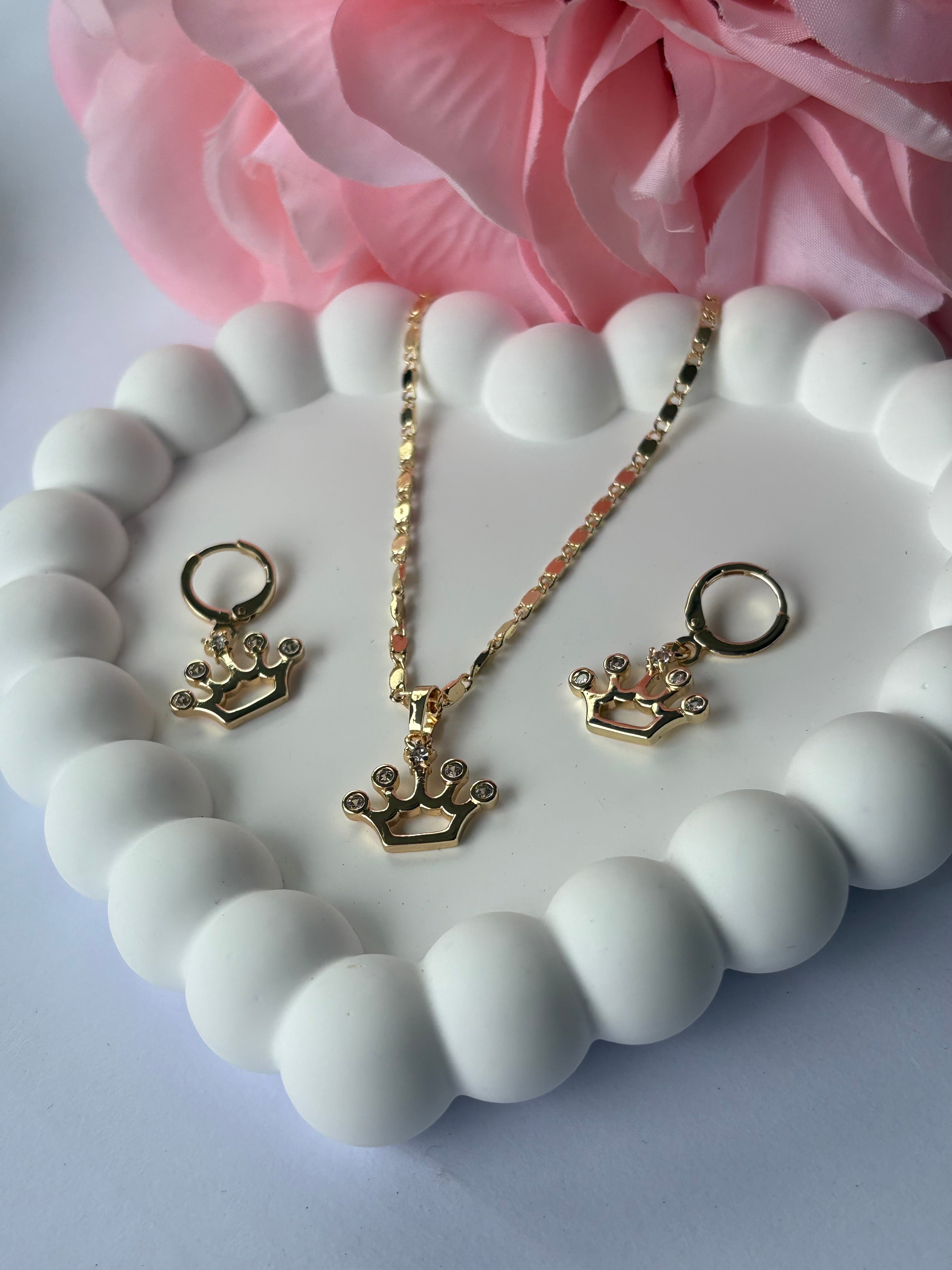 Princess crown necklace and earrings set water resistant jewelry